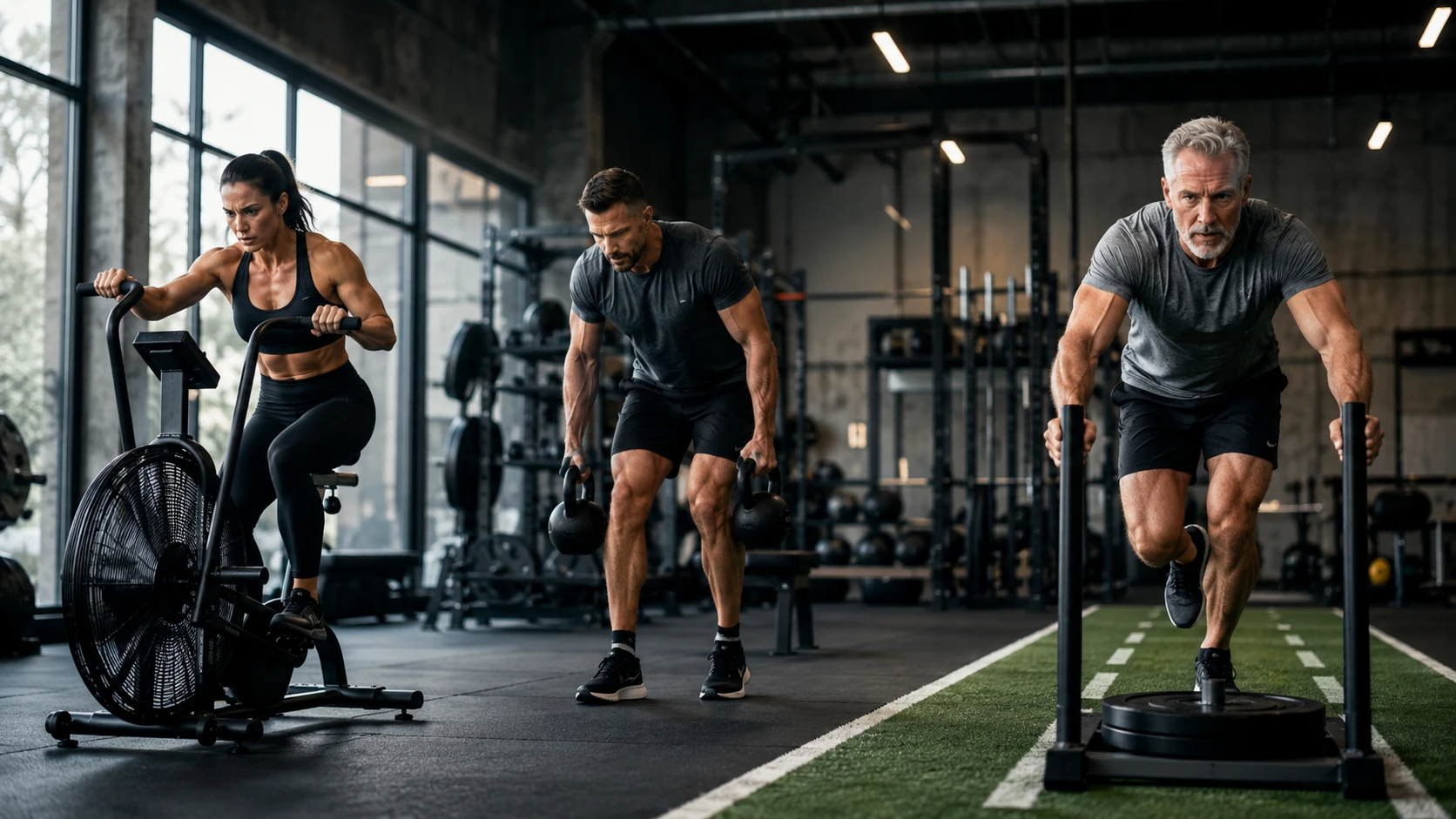 Drei Athleten trainieren Hybrid-Training im Gym: Airbike, Kettlebell-Kreuzheben und Prowler-Sled