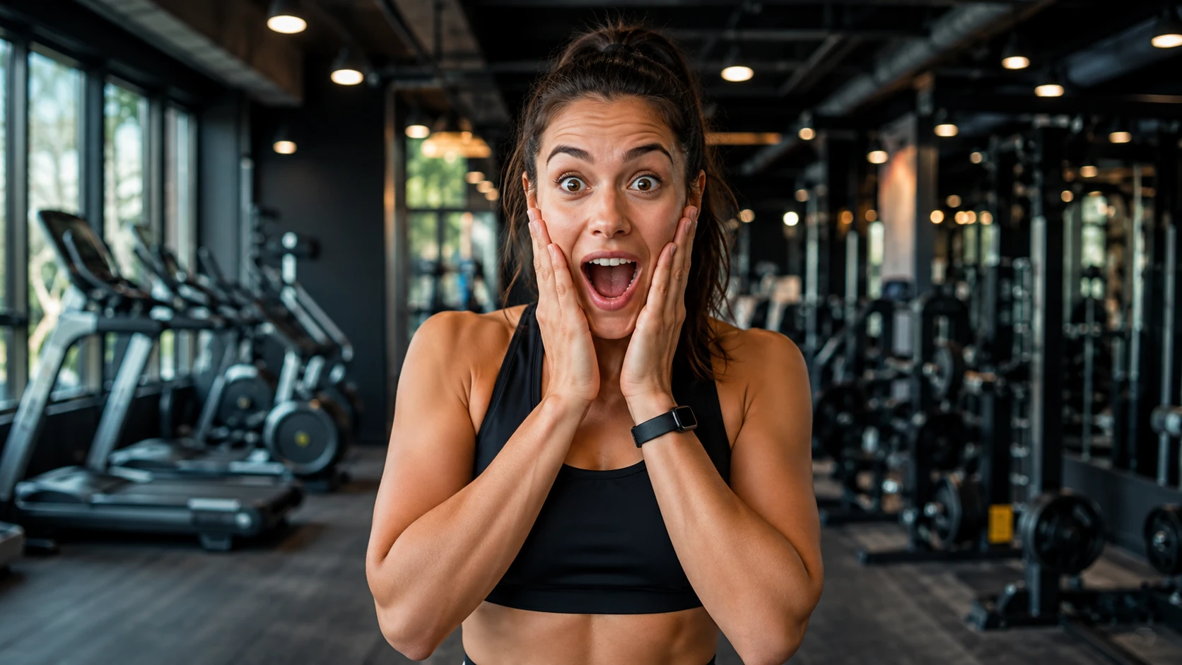Überraschte Frau im Gym hält sich vor Staunen die Hände ans Gesicht