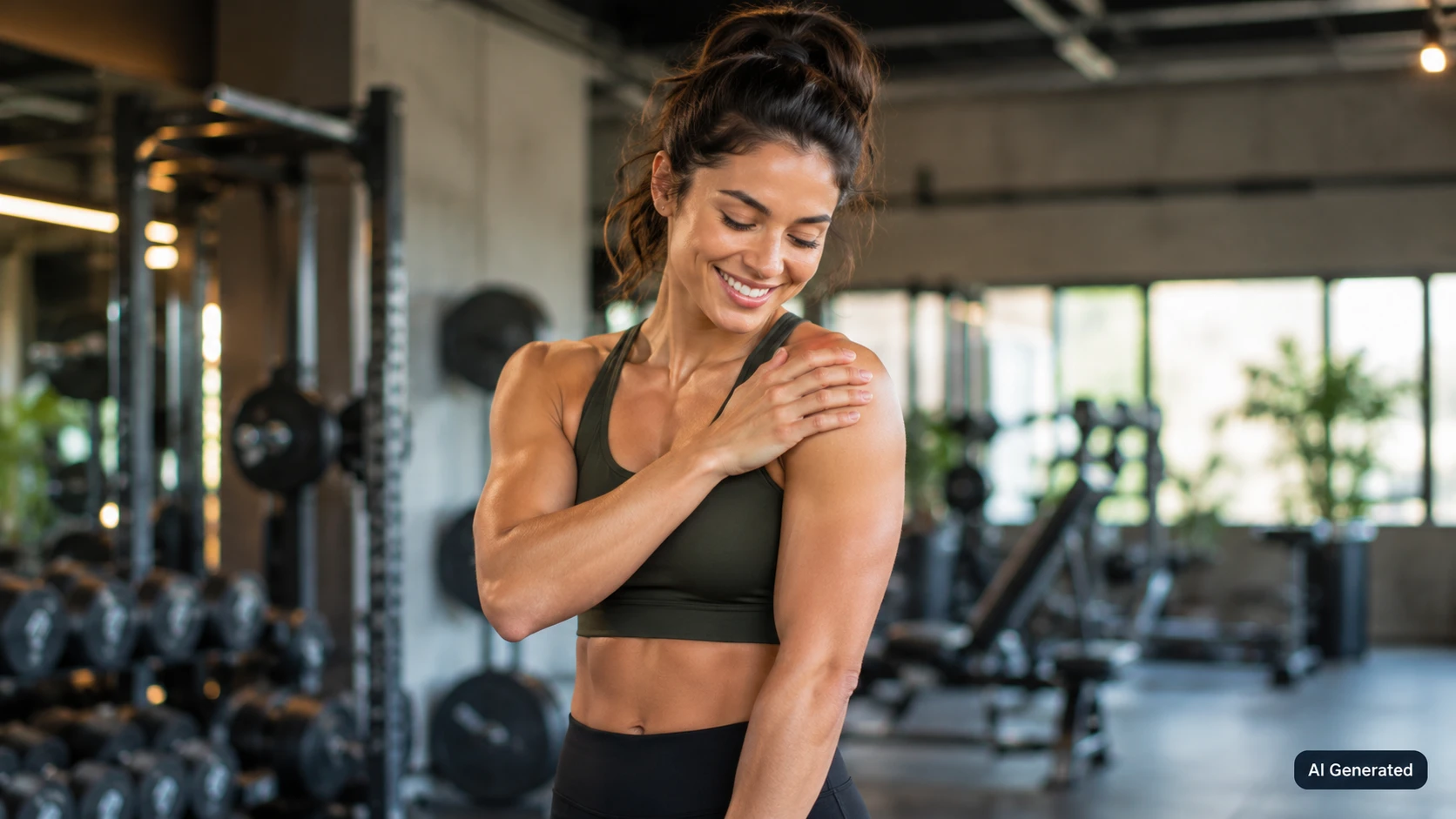 Lächelnde Frau im Gym legt sich nach dem Training die Hand auf die Schulter