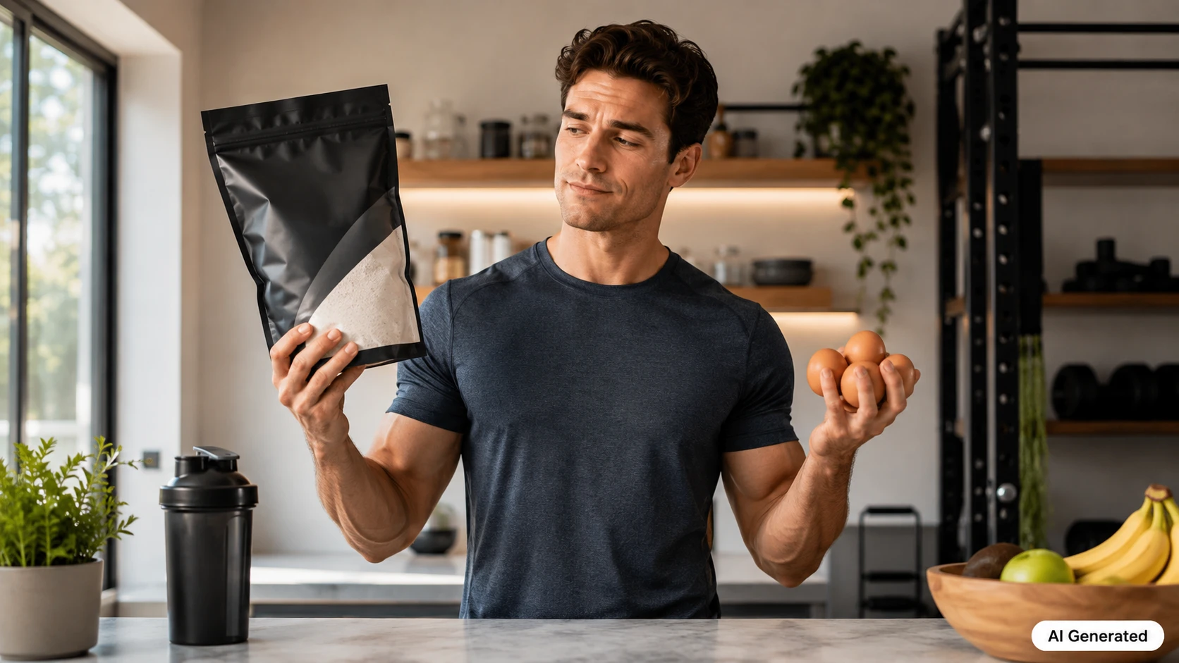 Mann in Fitnessküche hält abwägend eine Tüte Proteinpulver in der einen und Eier in der anderen Hand