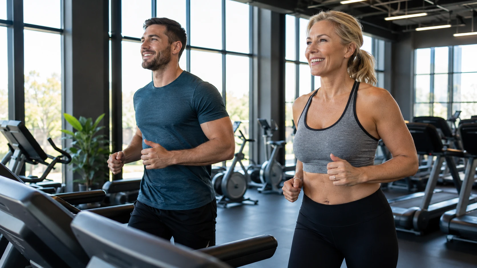 Mann und Frau laufen entspannt nebeneinander auf Laufbändern im Gym